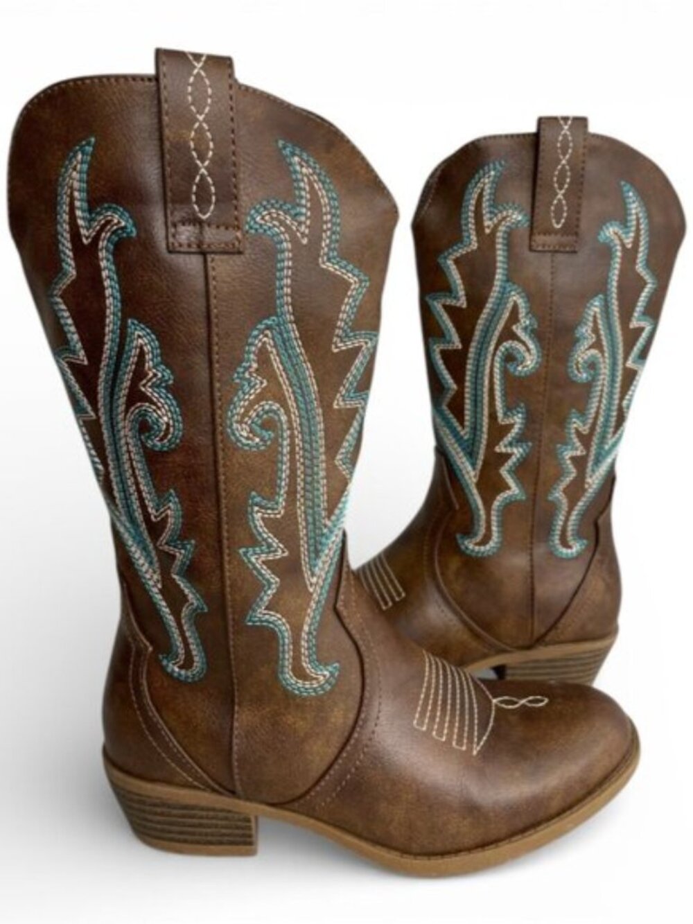 Vodvob Faux Leather Brown Embroidered Western Cowboy Boots Girls Kids Size 1